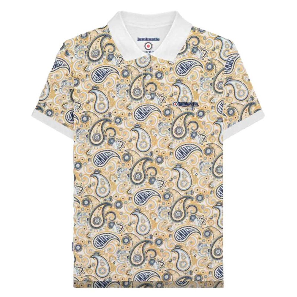 Lambretta Mens SS25 Paisley Branded Polo Shirt / White/Navy